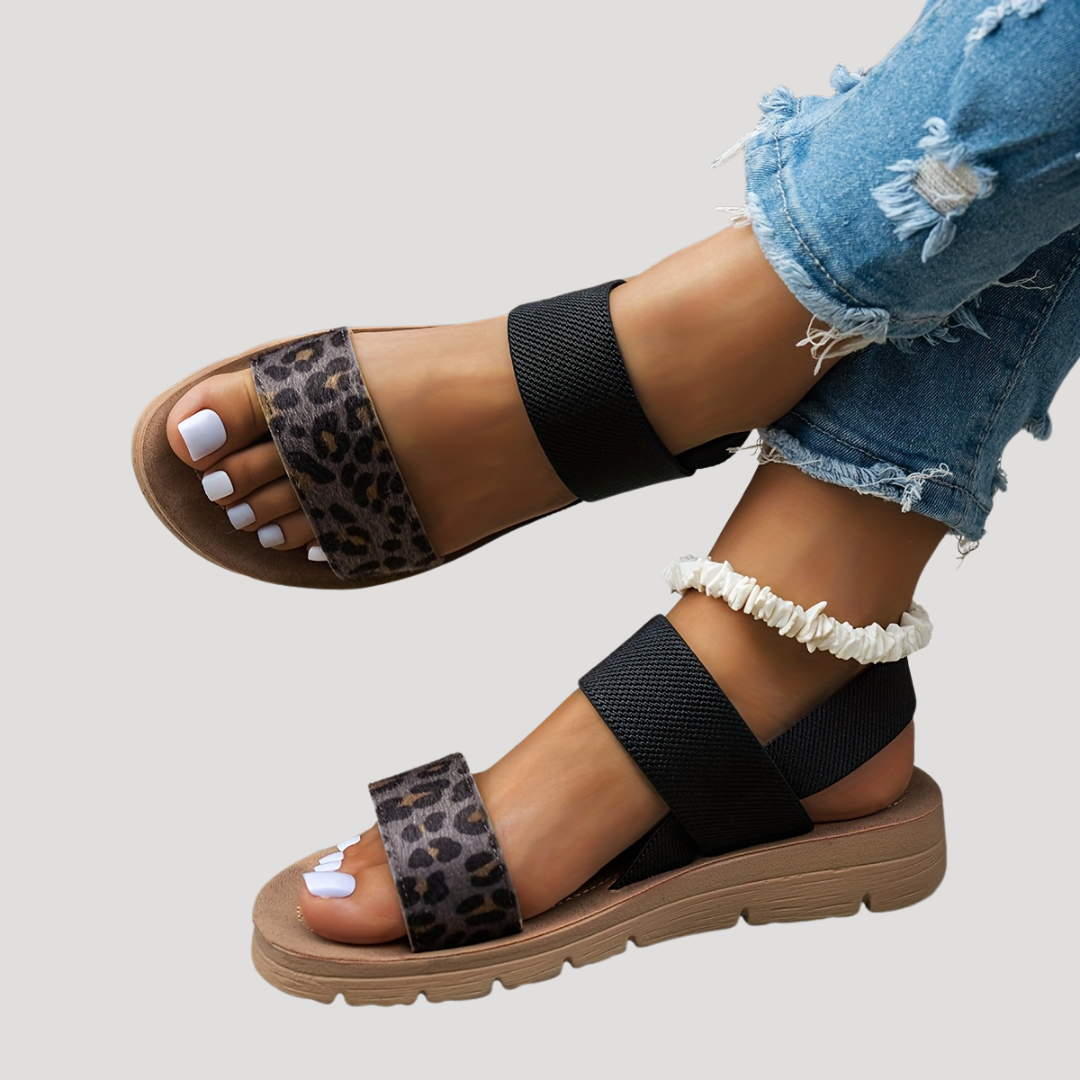 Women's Leopard Print Sandals | Comfortable Crossover Strap Flat Sandals