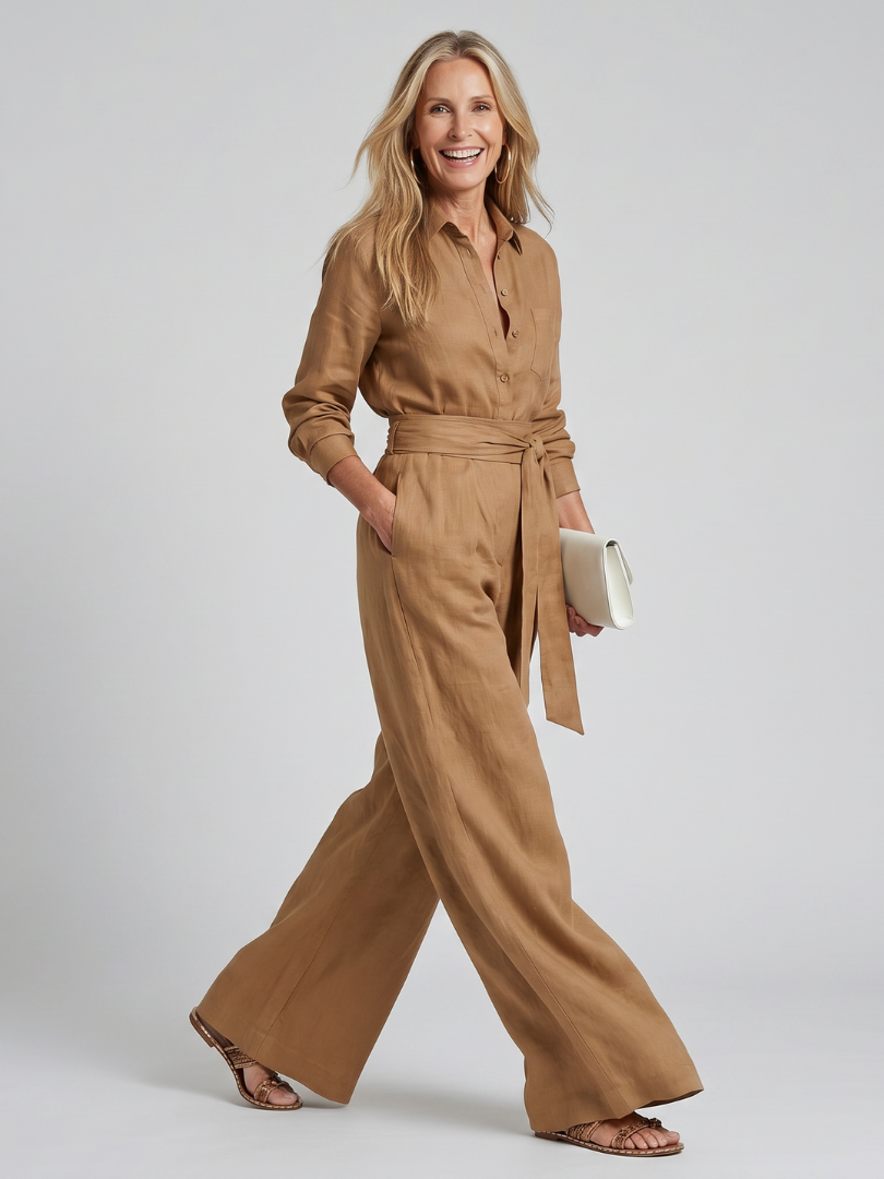 Women's Button-Front Wide-Leg Jumpsuit | Elegant Long-Sleeve Utility Jumpsuit