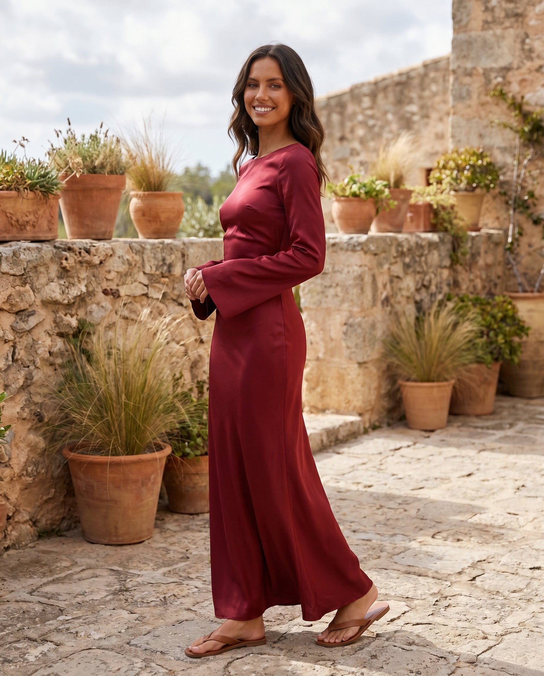 Women's Satin Bell-Sleeve Maxi Dress | Elegant Boat-Neck Evening Gown