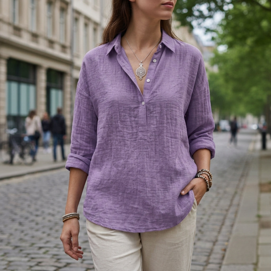 Women's Linen-Look Popover Blouse | Relaxed Elegant Button Top