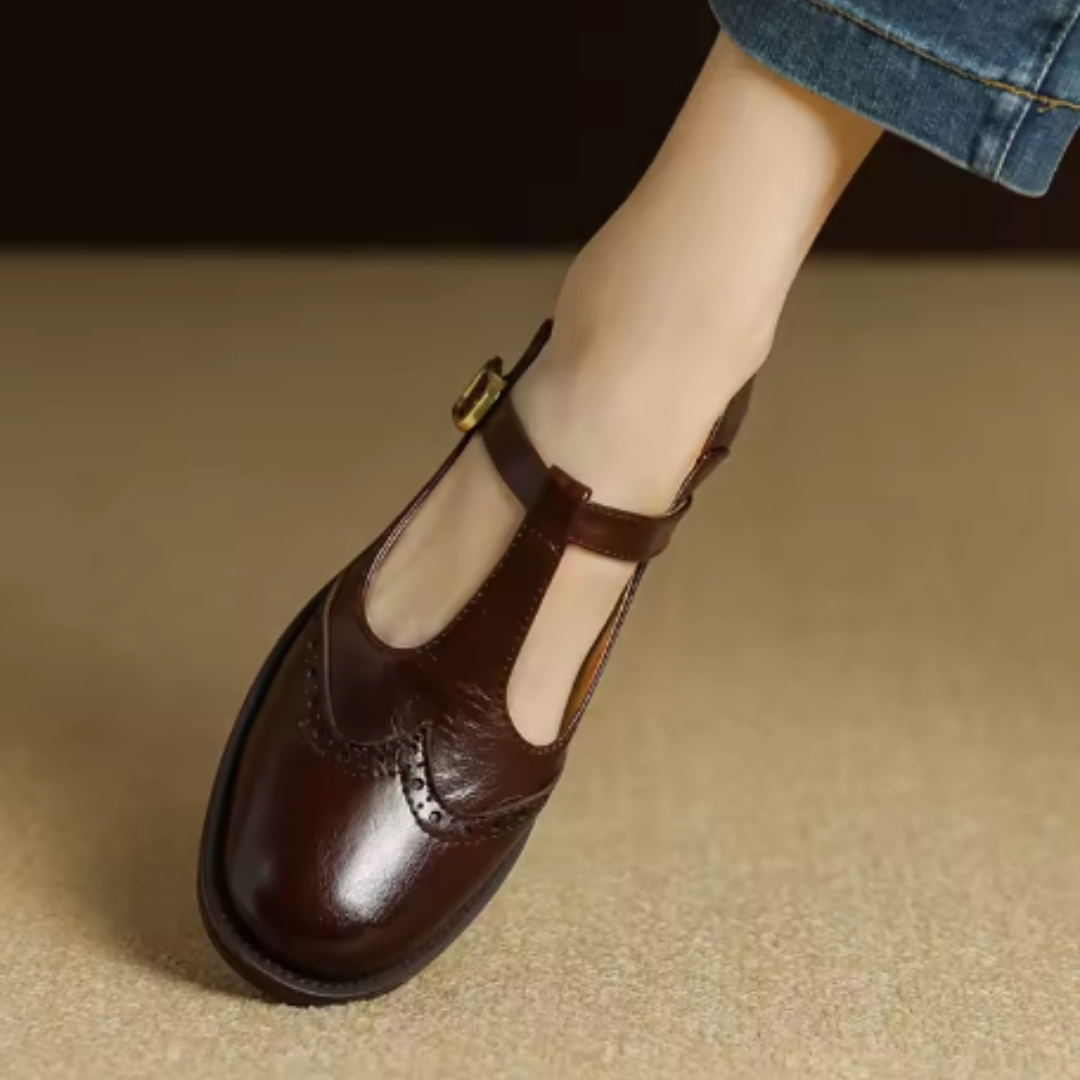 Women's Leather T-Strap Mary Jane Shoes | Low Block Heel Pumps