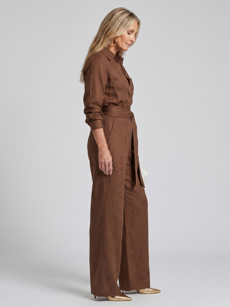 Women's Button-Front Wide-Leg Jumpsuit | Elegant Long-Sleeve Utility Jumpsuit