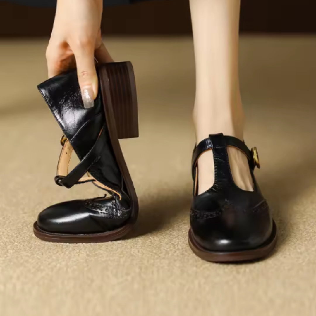Women's Leather T-Strap Mary Jane Shoes | Low Block Heel Pumps