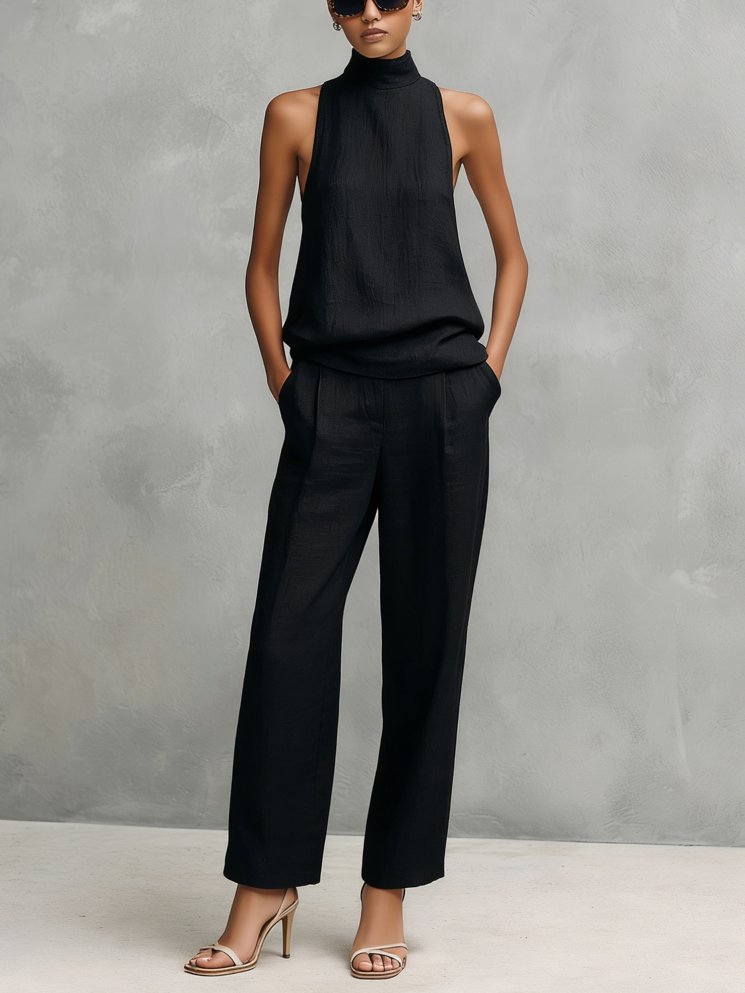 Women's Sleeveless Set | Elegant Round-Neck Top and Trousers Two-Piece