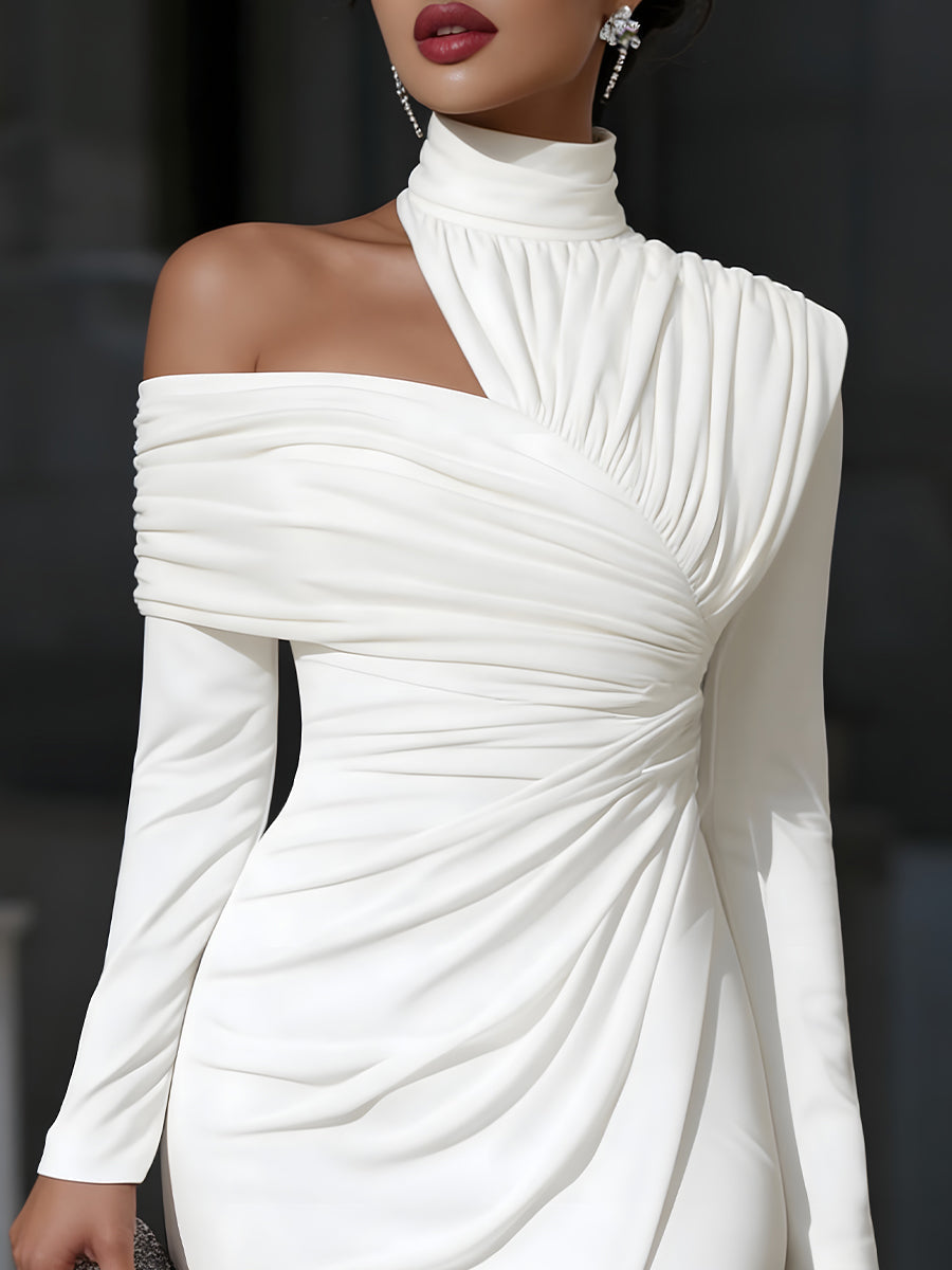 Women's One-Shoulder Draped Midi Dress | Elegant Asymmetric Neckline Dress