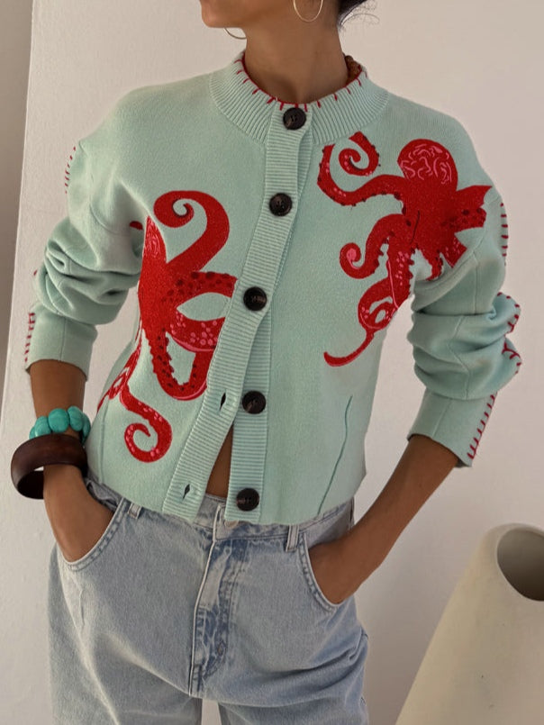 Cardigan | Playful Octopus Pattern Long Cardigan Sweater | Stylish Comfortable Layer