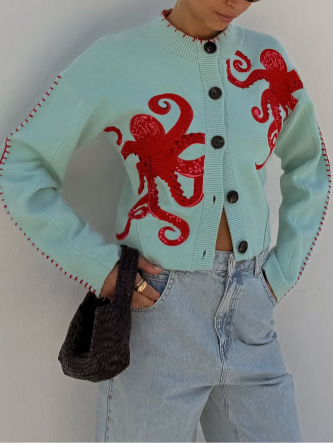 Cardigan | Playful Octopus Pattern Long Cardigan Sweater | Stylish Comfortable Layer