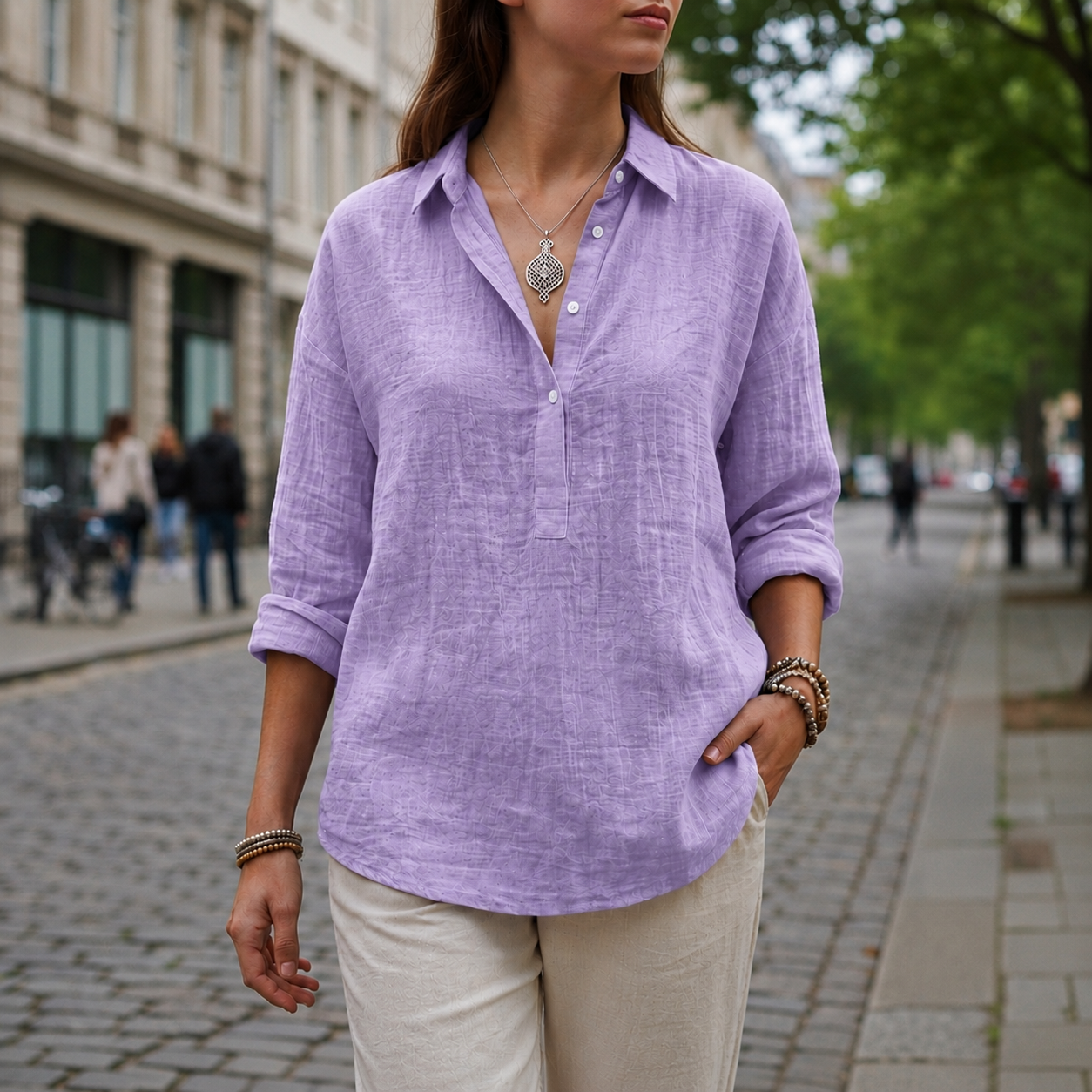 Women's Linen-Look Popover Blouse | Relaxed Elegant Button Top
