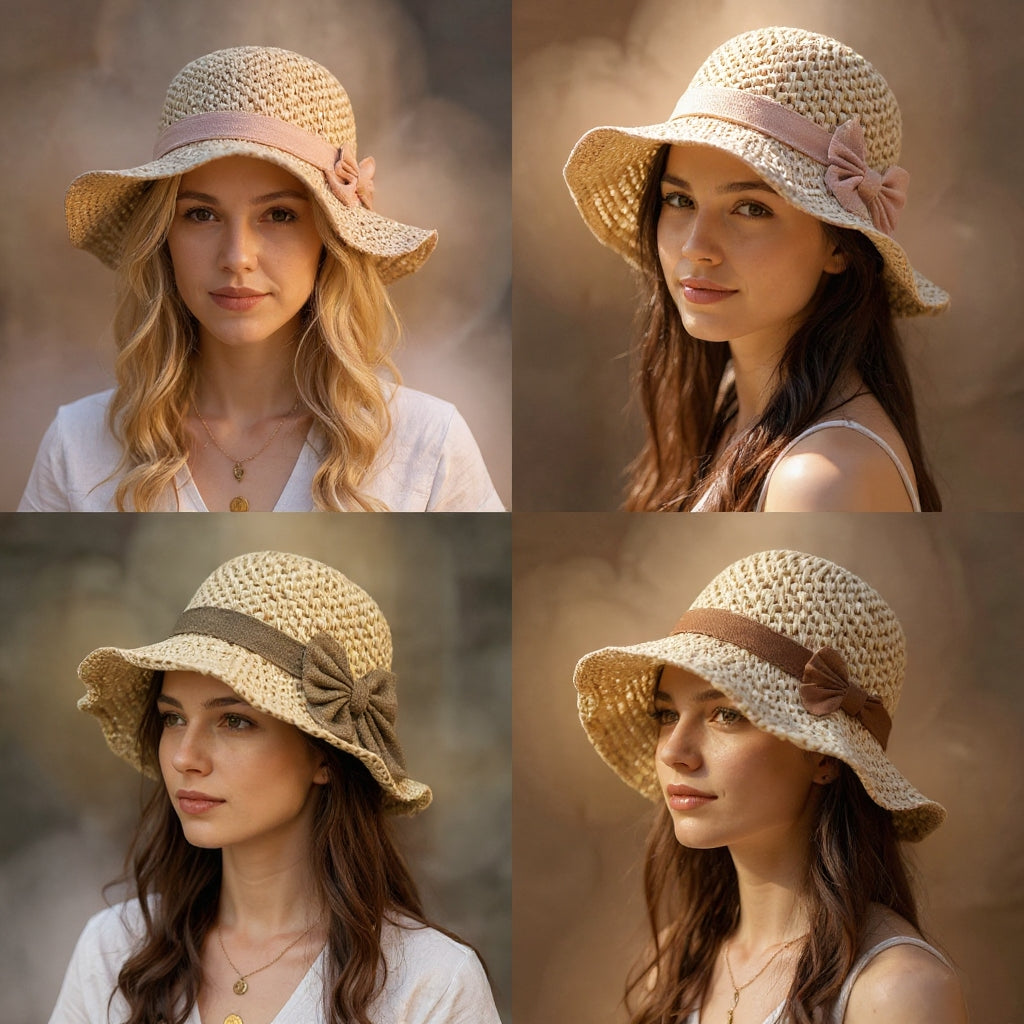 Women's Handcrafted Sun Hat | Elegant Wide-Brim Vintage Bow Sun Hat