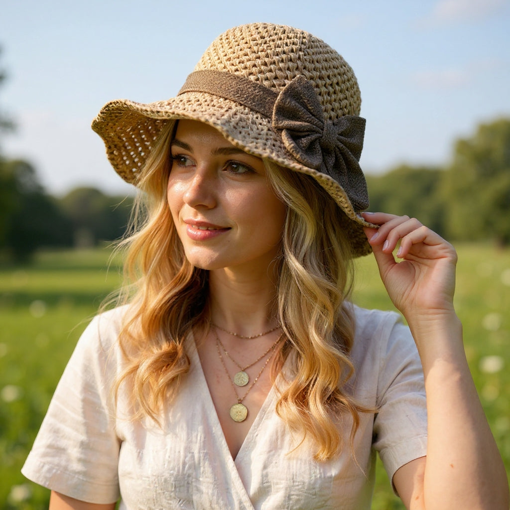 Women's Handcrafted Sun Hat | Elegant Wide-Brim Vintage Bow Sun Hat