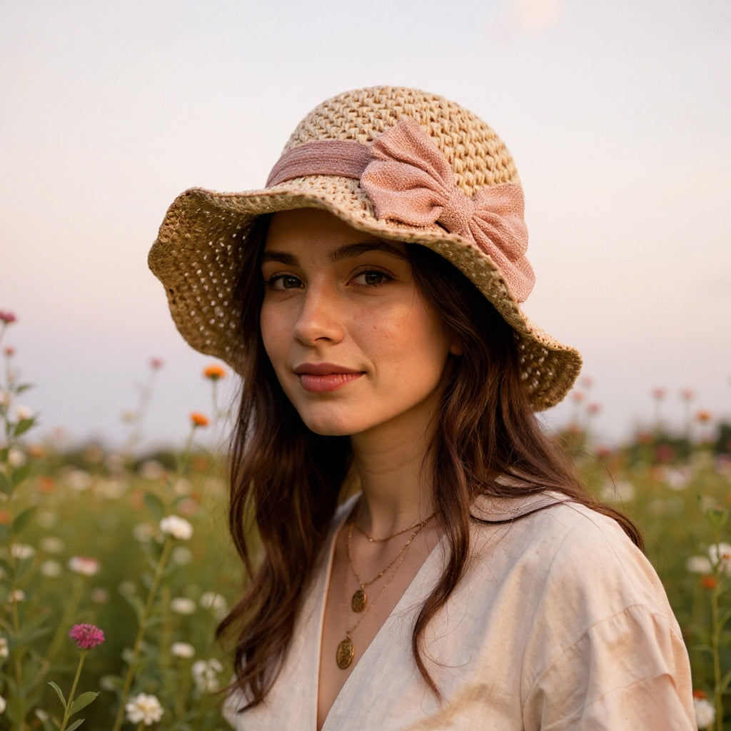 Women's Handcrafted Sun Hat | Elegant Wide-Brim Vintage Bow Sun Hat