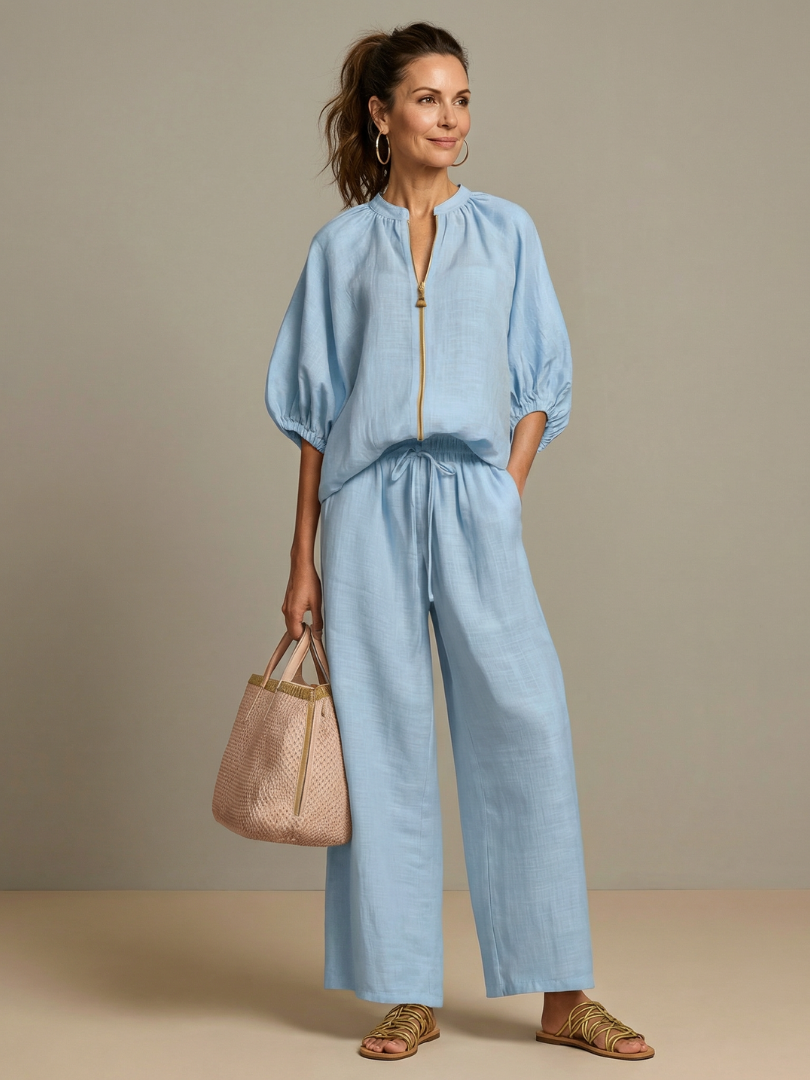 Elegant Twin Set | Puff Sleeve Blouse and Wide Leg Trousers | Chic and Comfortable