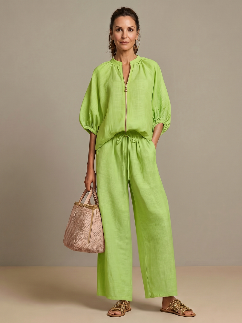 Elegant Twin Set | Puff Sleeve Blouse and Wide Leg Trousers | Chic and Comfortable