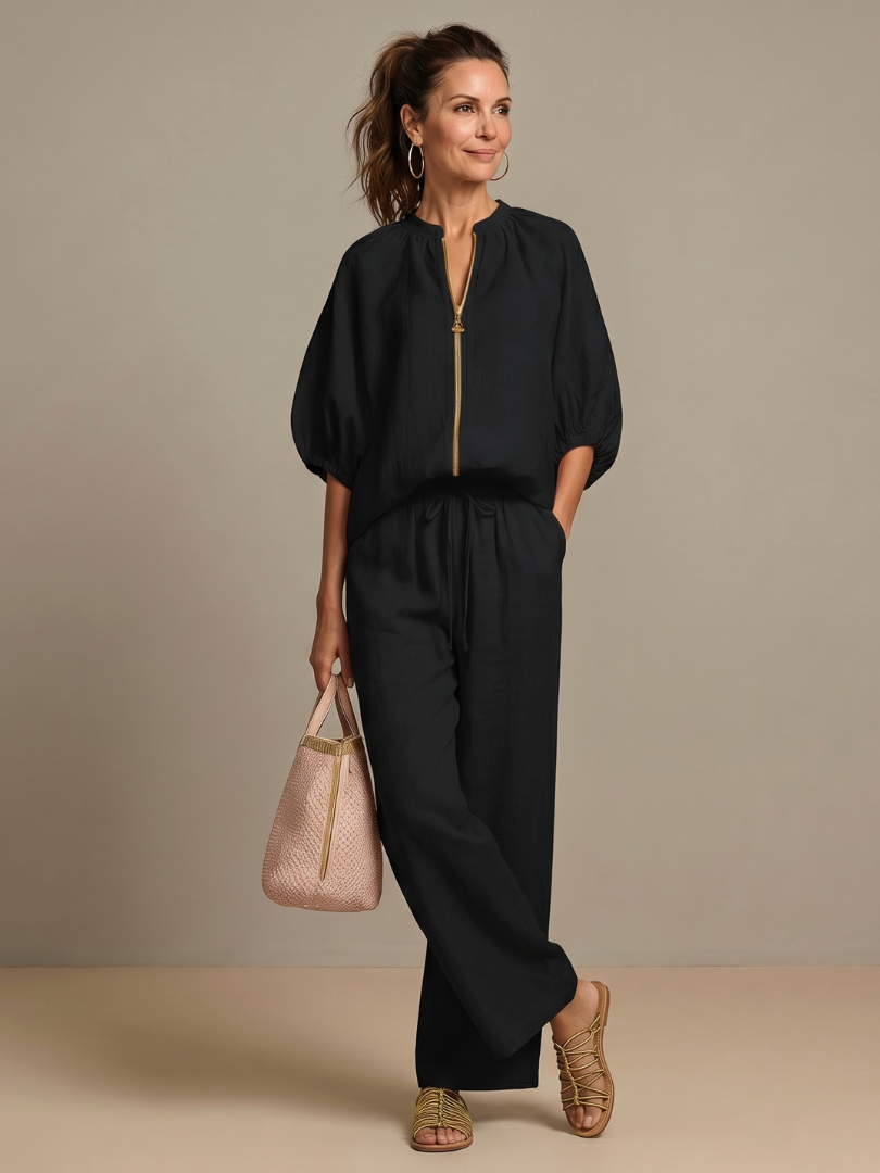 Elegant Twin Set | Puff Sleeve Blouse and Wide Leg Trousers | Chic and Comfortable
