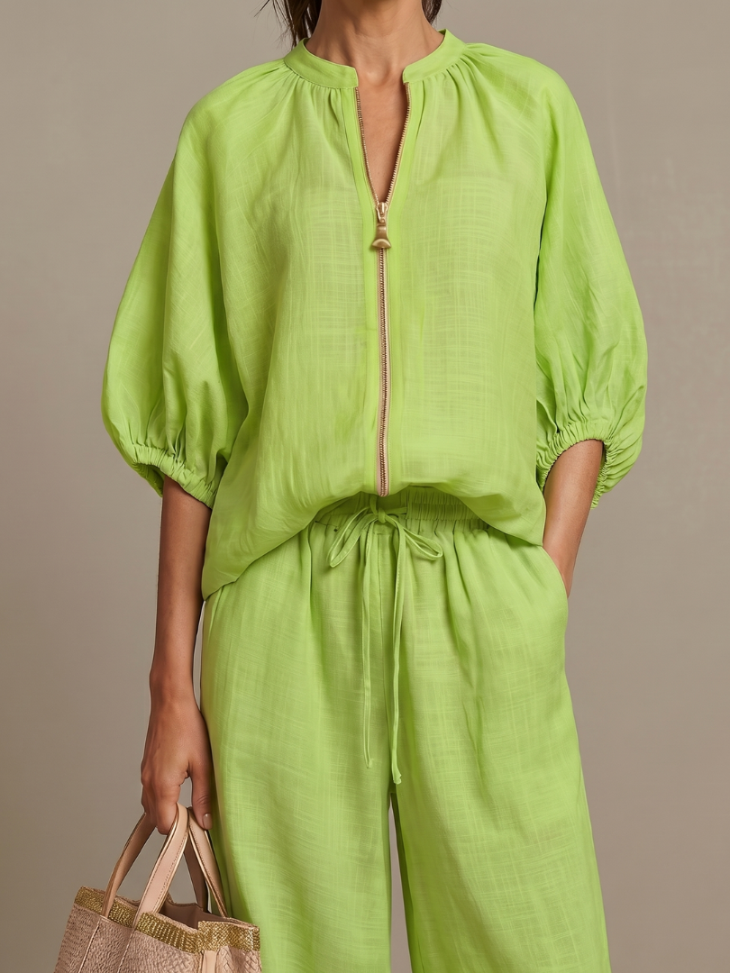 Elegant Twin Set | Puff Sleeve Blouse and Wide Leg Trousers | Chic and Comfortable
