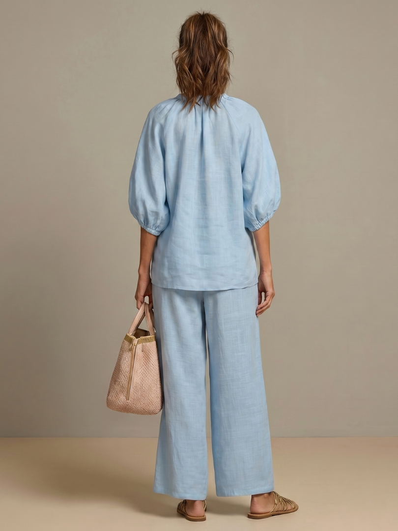Elegant Twin Set | Puff Sleeve Blouse and Wide Leg Trousers | Chic and Comfortable