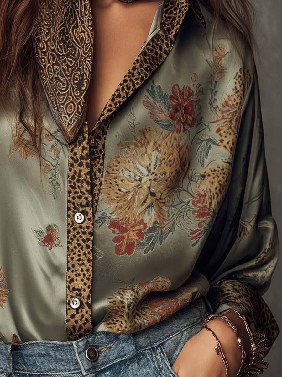 Floral Print Shirt | Elegant Button-Down with Leopard Trim