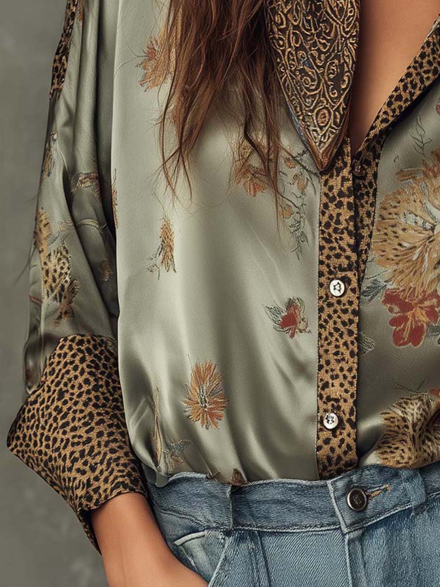 Floral Print Shirt | Elegant Button-Down with Leopard Trim