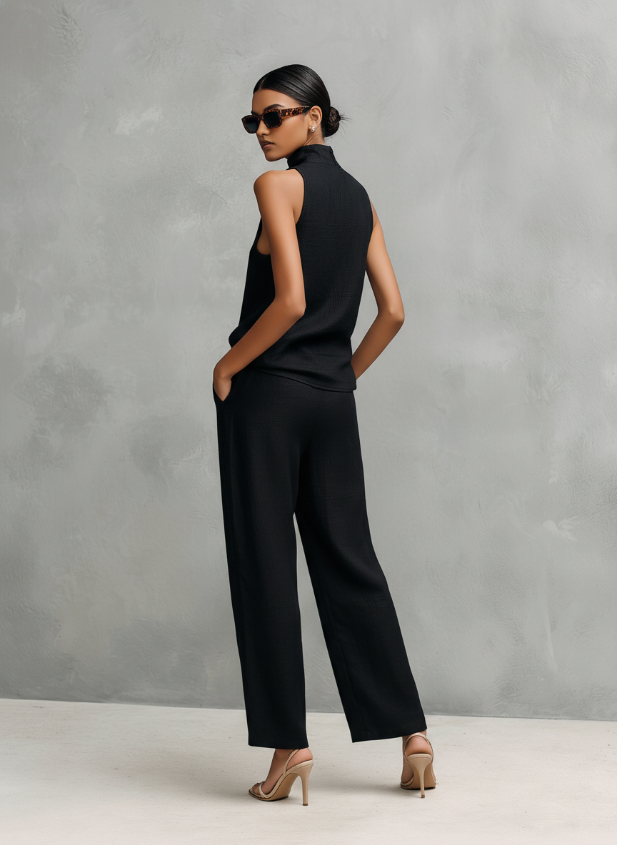 Women's Sleeveless Set | Elegant Round-Neck Top and Trousers Two-Piece