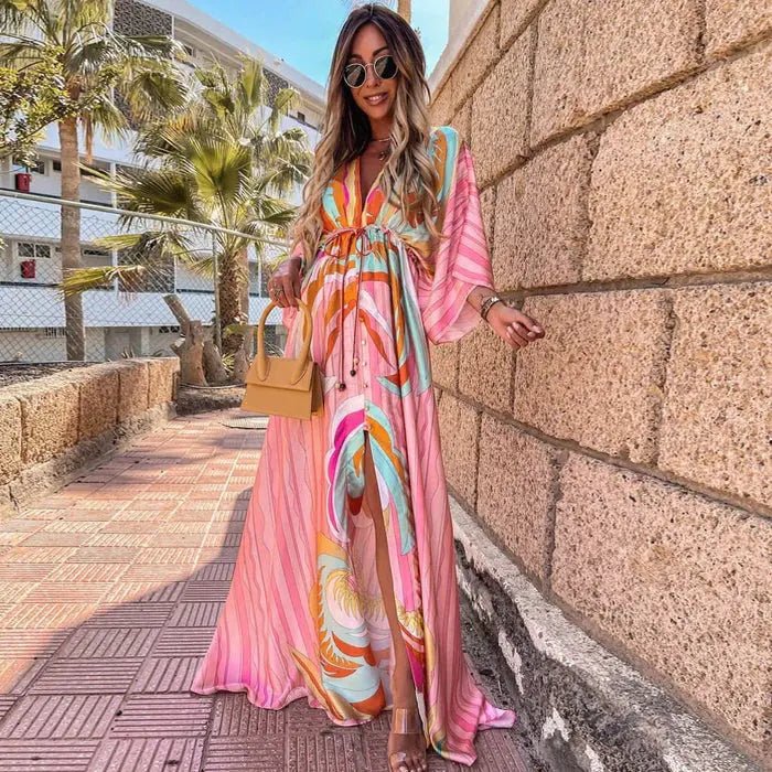 Maxi Dress | Abstract Print Long Summer Dress with Flowy Kimono Sleeves