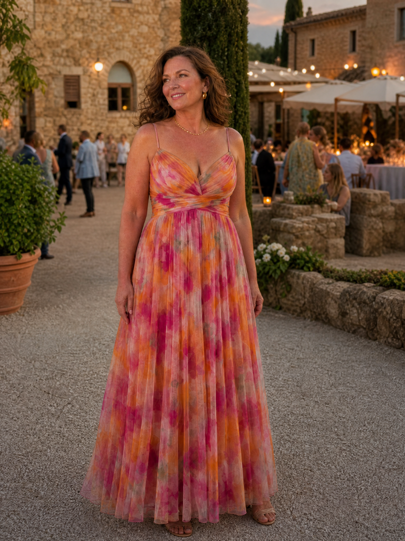 Maxi Dress | Elegant Watercolor Print Long Summer Dress with Flattering Silhouette