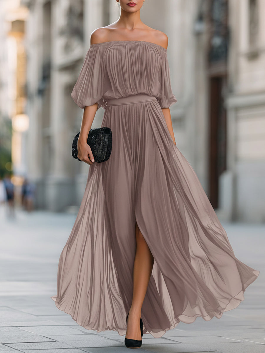 Maxi Dress | Off-Shoulder Formal Long Dress | Elegant Pleated Design with Sheer Sleeves