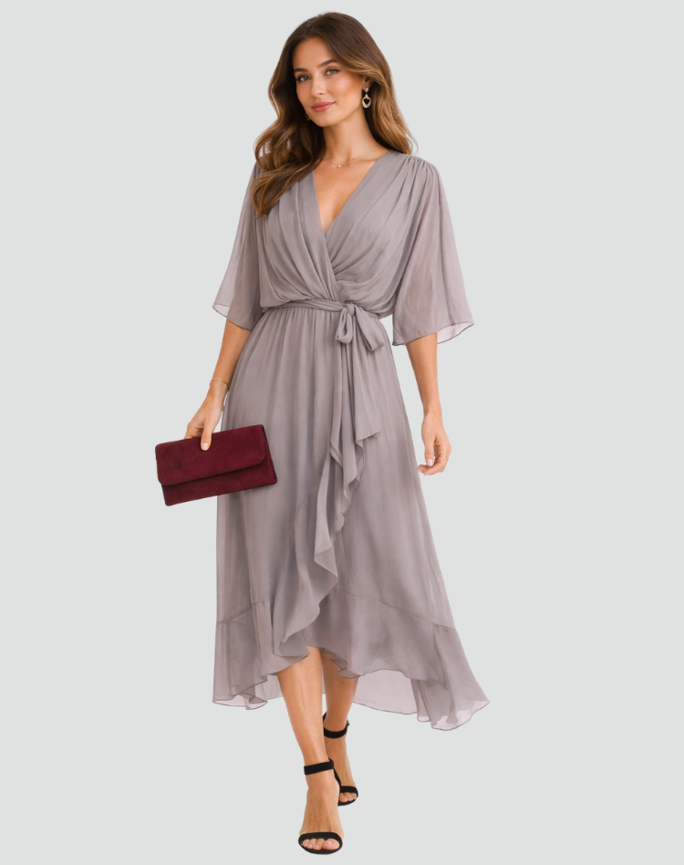 Midi Dress | Elegant Wrap Neckline Airy Midi Gown