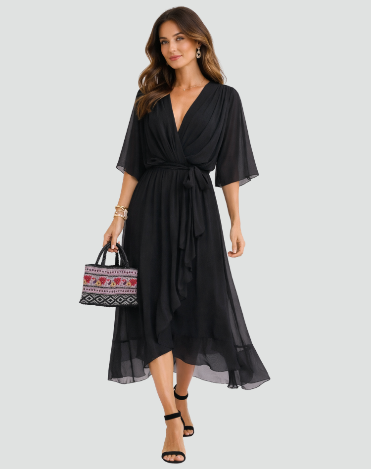 Midi Dress | Elegant Wrap Neckline Airy Midi Gown