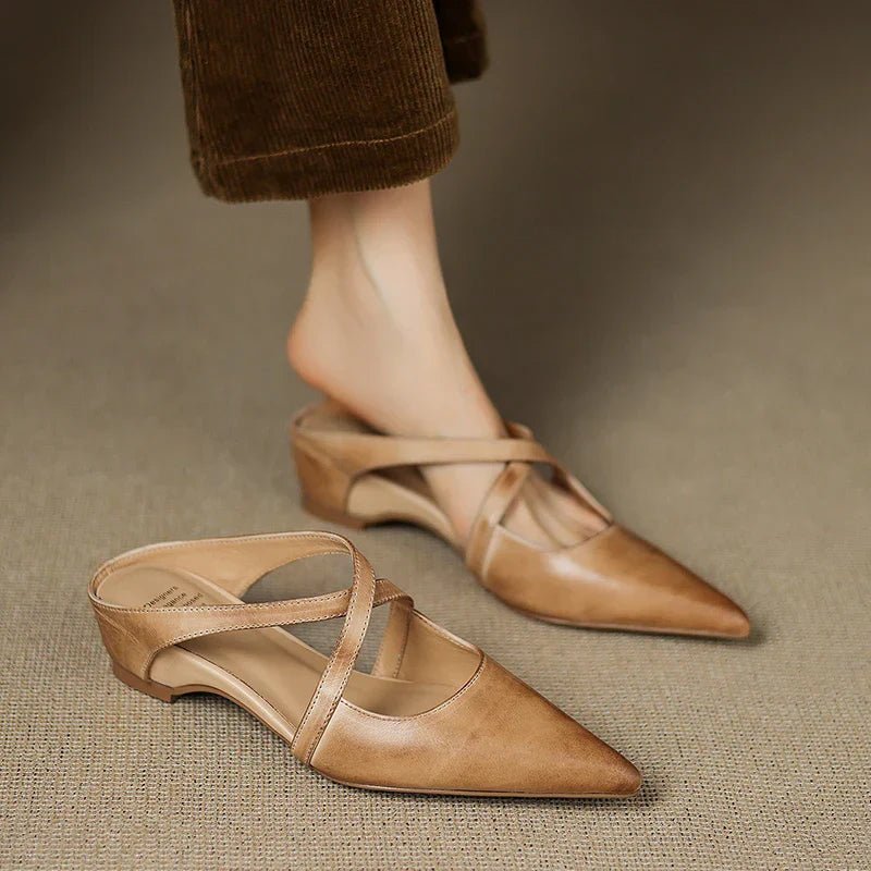 Mules Shoes | Cross-Strap Pointed Toe Low Heel | Elegant Comfortable