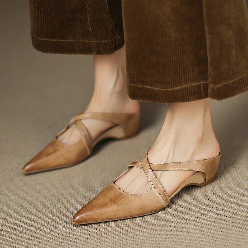 Mules Shoes | Cross-Strap Pointed Toe Low Heel | Elegant Comfortable