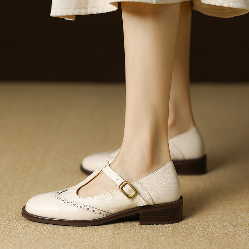 Women's Leather T-Strap Mary Jane Shoes | Low Block Heel Pumps