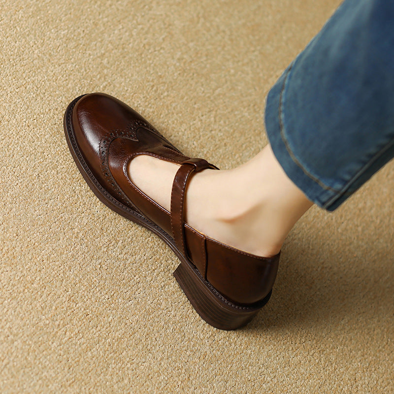 Women's Leather T-Strap Mary Jane Shoes | Low Block Heel Pumps