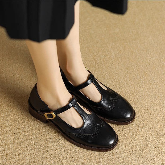 Women's Leather T-Strap Mary Jane Shoes | Low Block Heel Pumps