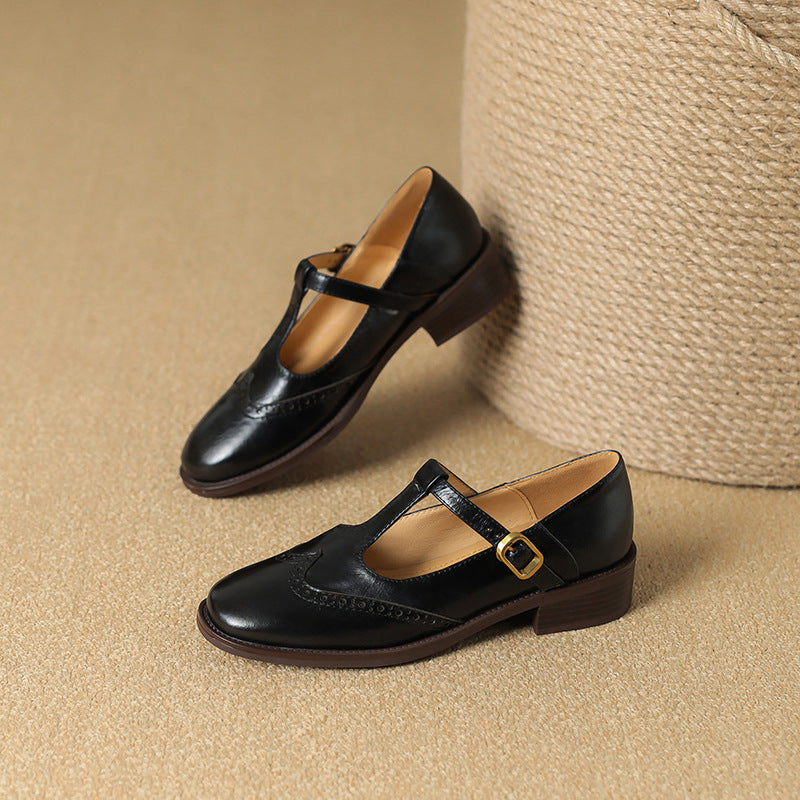 Women's Leather T-Strap Mary Jane Shoes | Low Block Heel Pumps