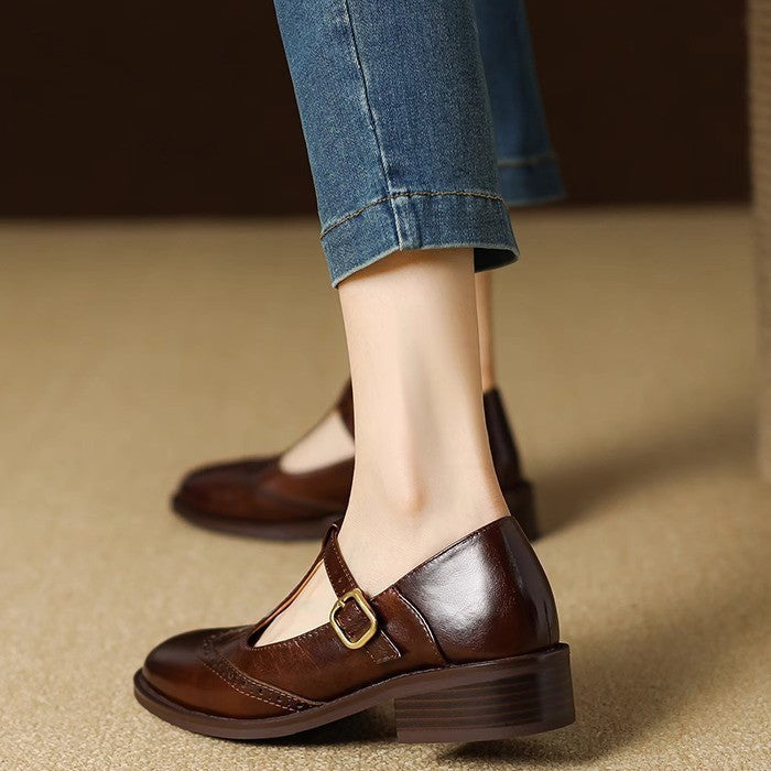 Women's Leather T-Strap Mary Jane Shoes | Low Block Heel Pumps