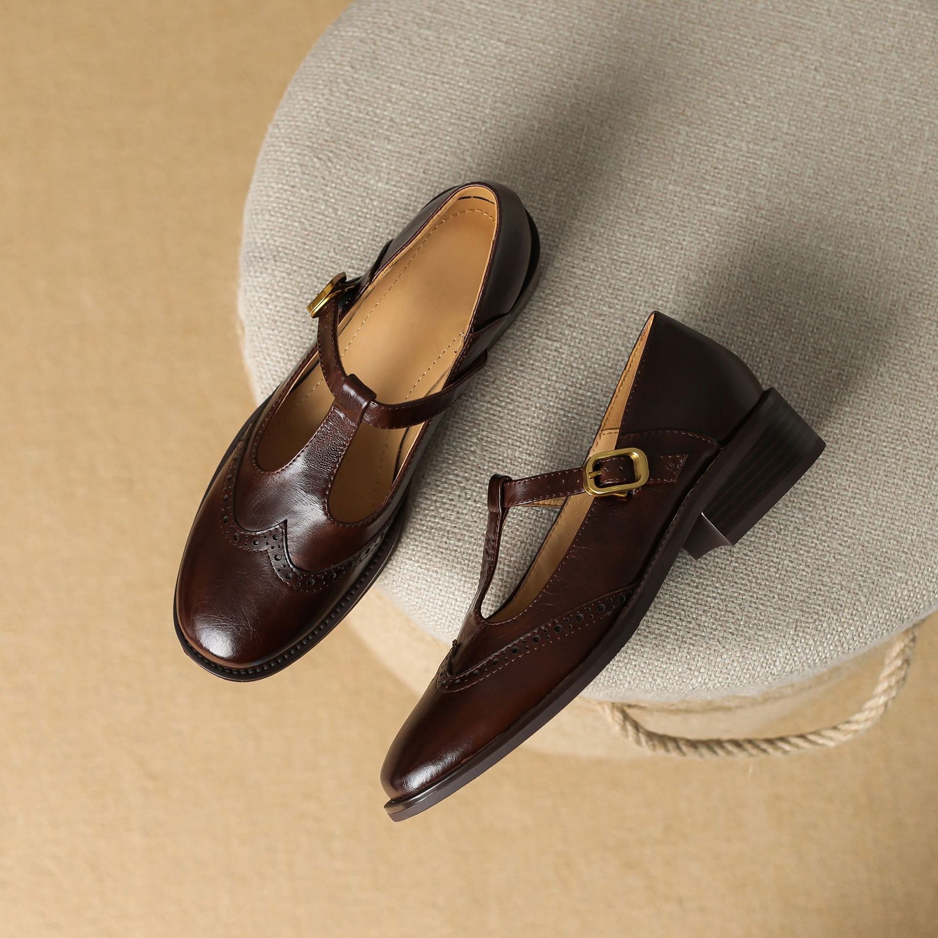 Women's Leather T-Strap Mary Jane Shoes | Low Block Heel Pumps
