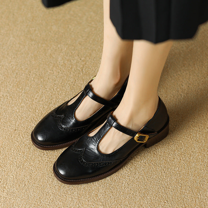 Women's Leather T-Strap Mary Jane Shoes | Low Block Heel Pumps
