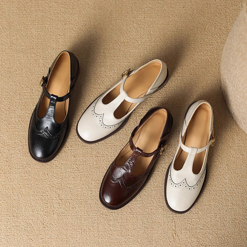 Women's Leather T-Strap Mary Jane Shoes | Low Block Heel Pumps