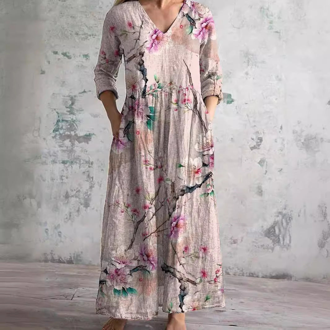 Women's Floral V-Neck Summer Dress | Lightweight Flowy Midi Dress
