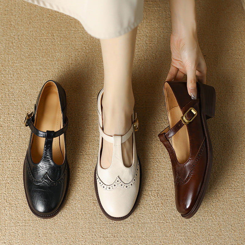 Women's Leather T-Strap Mary Jane Shoes | Low Block Heel Pumps