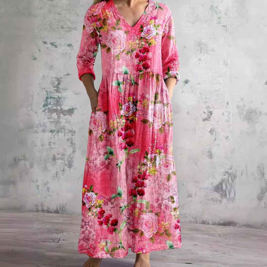 Women's Floral V-Neck Summer Dress | Lightweight Flowy Midi Dress