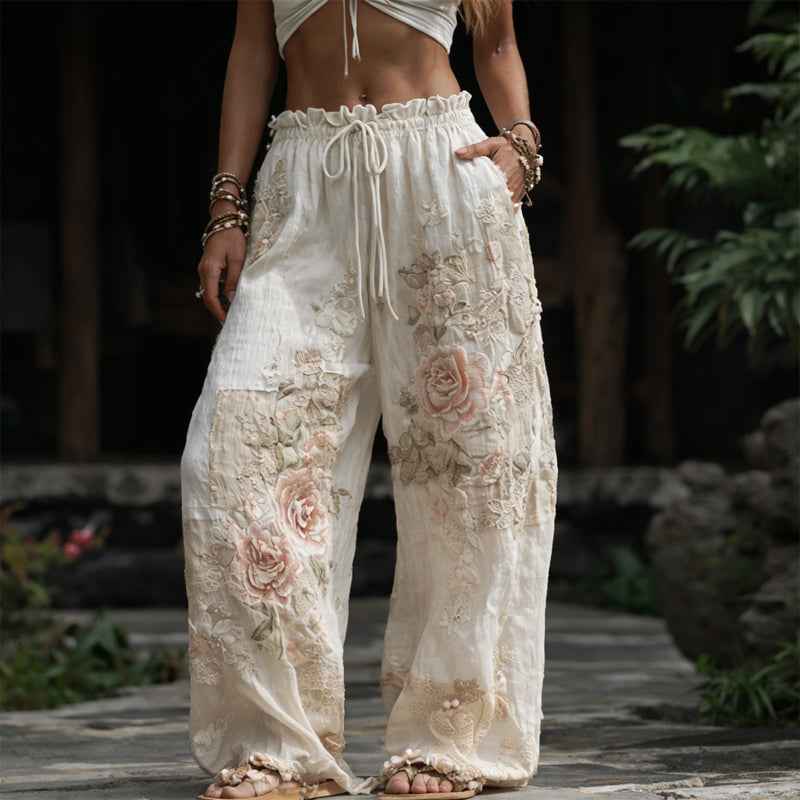 Pants | Floral Embroidered Wide-Leg Trousers | Elegant Comfortable