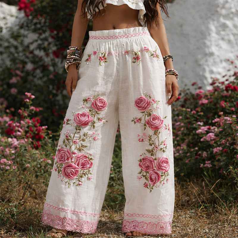 Pants | Floral Embroidered Wide-Leg Trousers | Elegant Comfortable