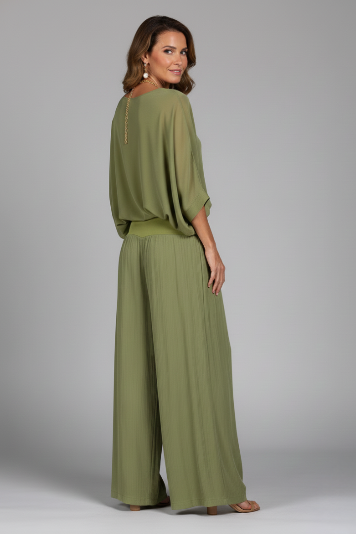 Women's V-Neck Wide-Leg Two-Piece Set | Batwing Blouse & Trousers