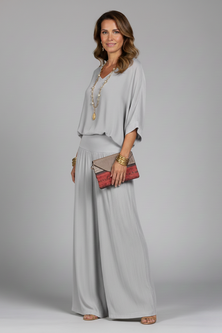 Women's V-Neck Wide-Leg Two-Piece Set | Batwing Blouse & Trousers