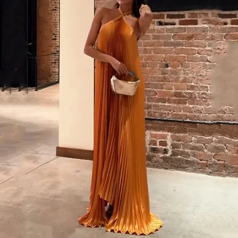 Women's Pleated Halter Maxi Dress | Elegant Wedding Guest Evening Gown