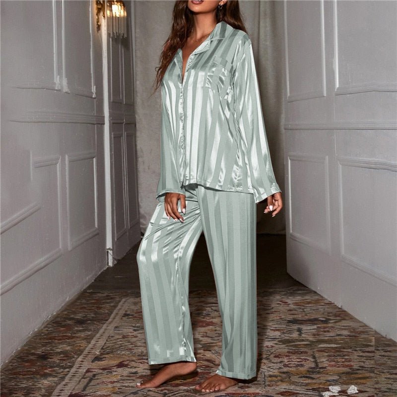 Women's Satin Striped Pajama Lounge Set | Relaxed Fit Button-Down Matching Set