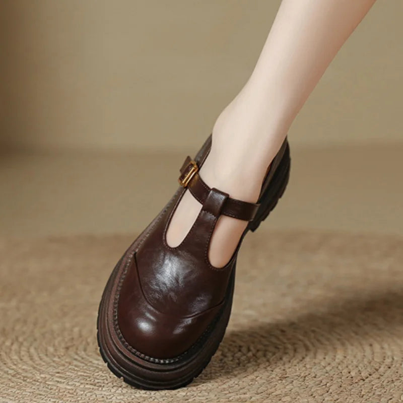Women's T-Bar Mary Jane Brogue Shoes | Round Toe Low Heels