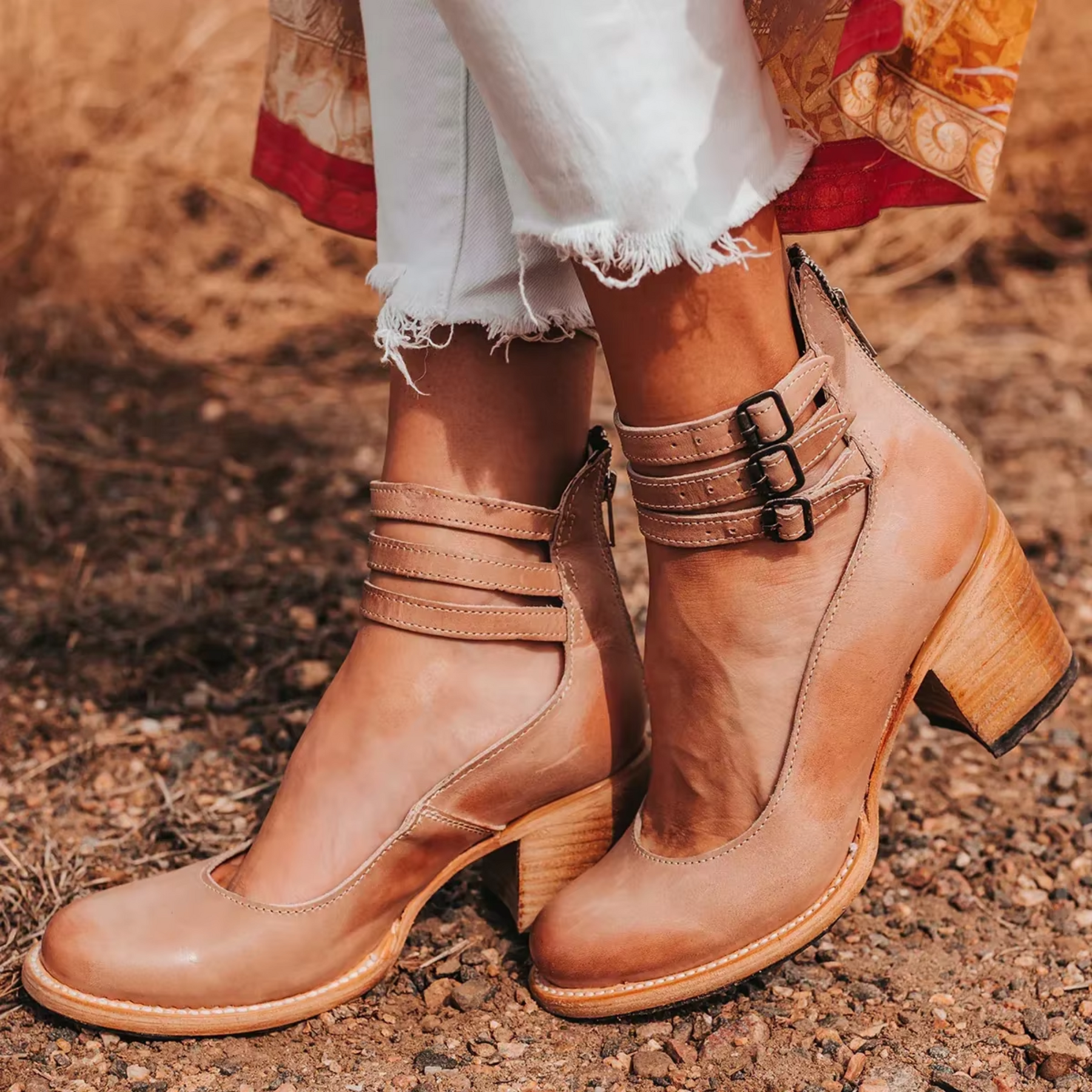 Sandals | Triple Ankle Strap Closed Toe Block Heel | Stylish Comfortable Footwear