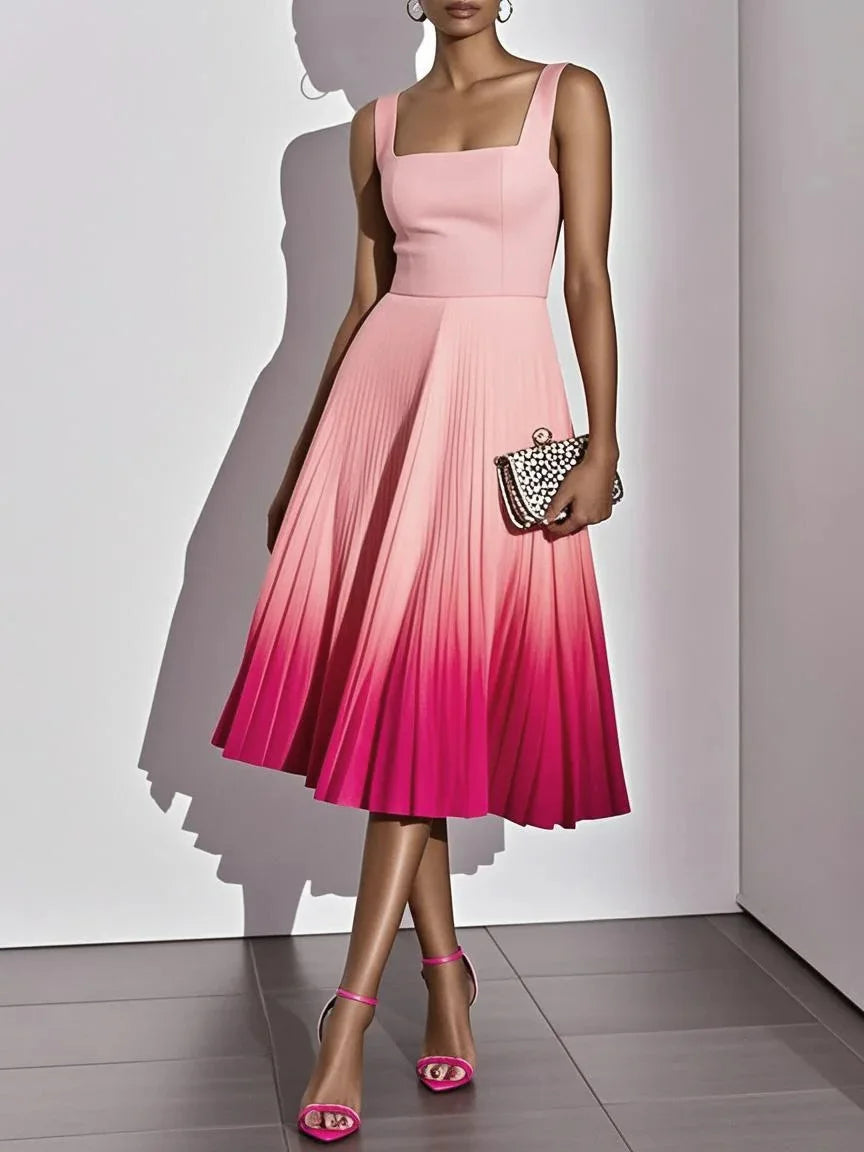 Women's Ombre Pleated Midi Dress | Flowing Sleeveless Party Dress